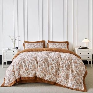 Vintage Floral Duvet Cover Queen 100% Cotton 3 Pcs Set 1 Farmhouse Brown Flower